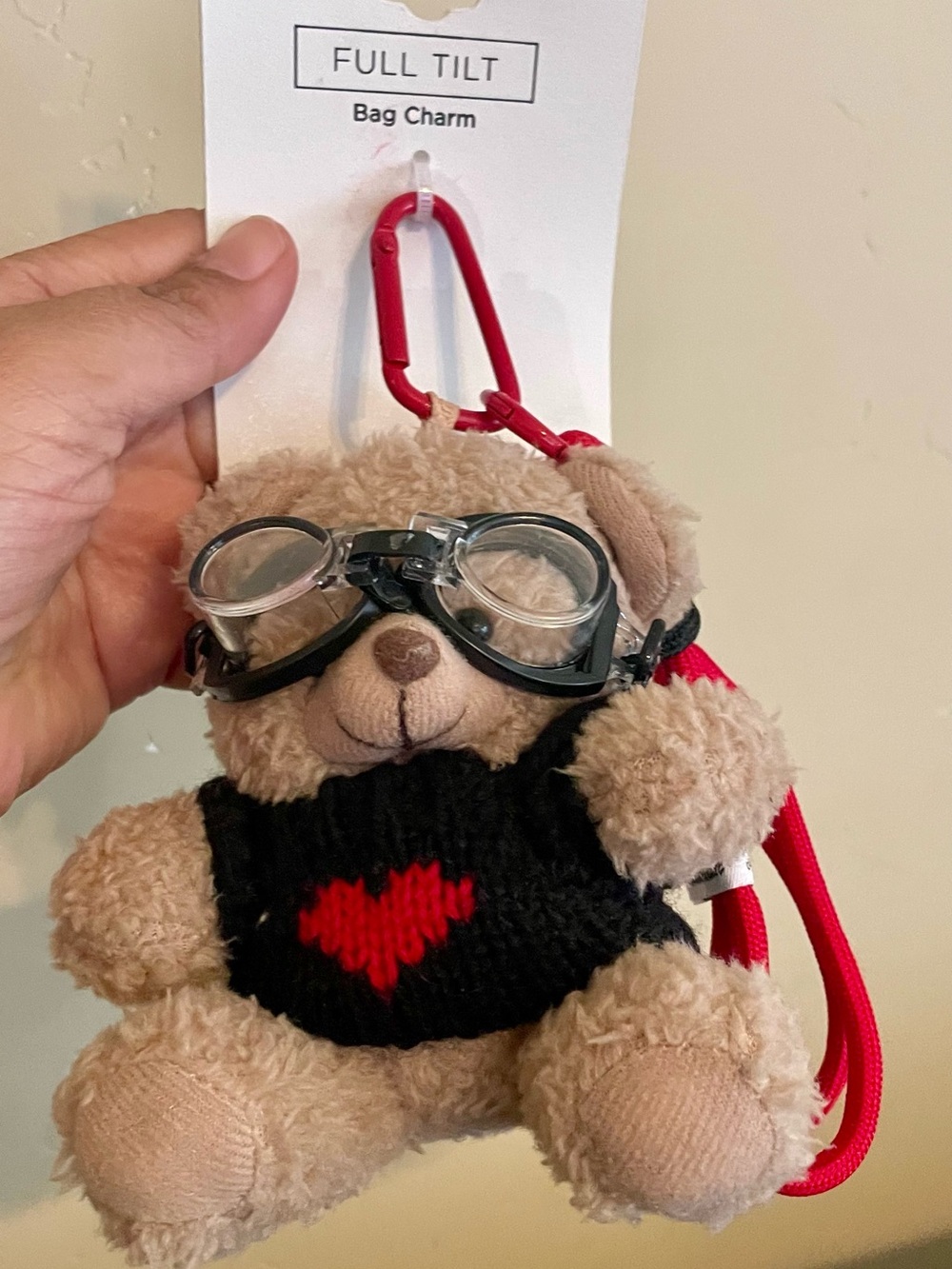 FULL TILT Plush Bear Bag Charm with Red Heart - Tan & Black